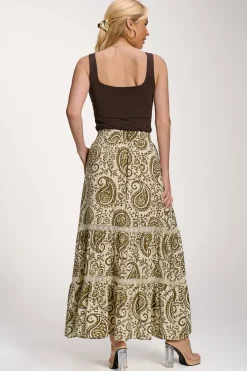 Jolie Moi Skirts|Weekend Casuals-Lace Trim Tiered Maxi Skirt, Khaki Paisley