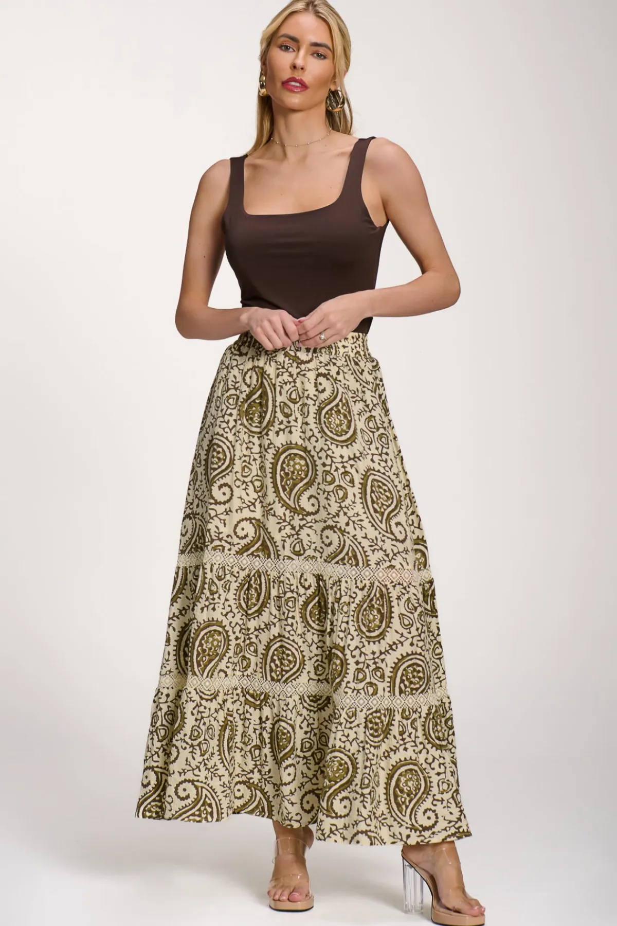 Jolie Moi Skirts|Weekend Casuals-Lace Trim Tiered Maxi Skirt, Khaki Paisley
