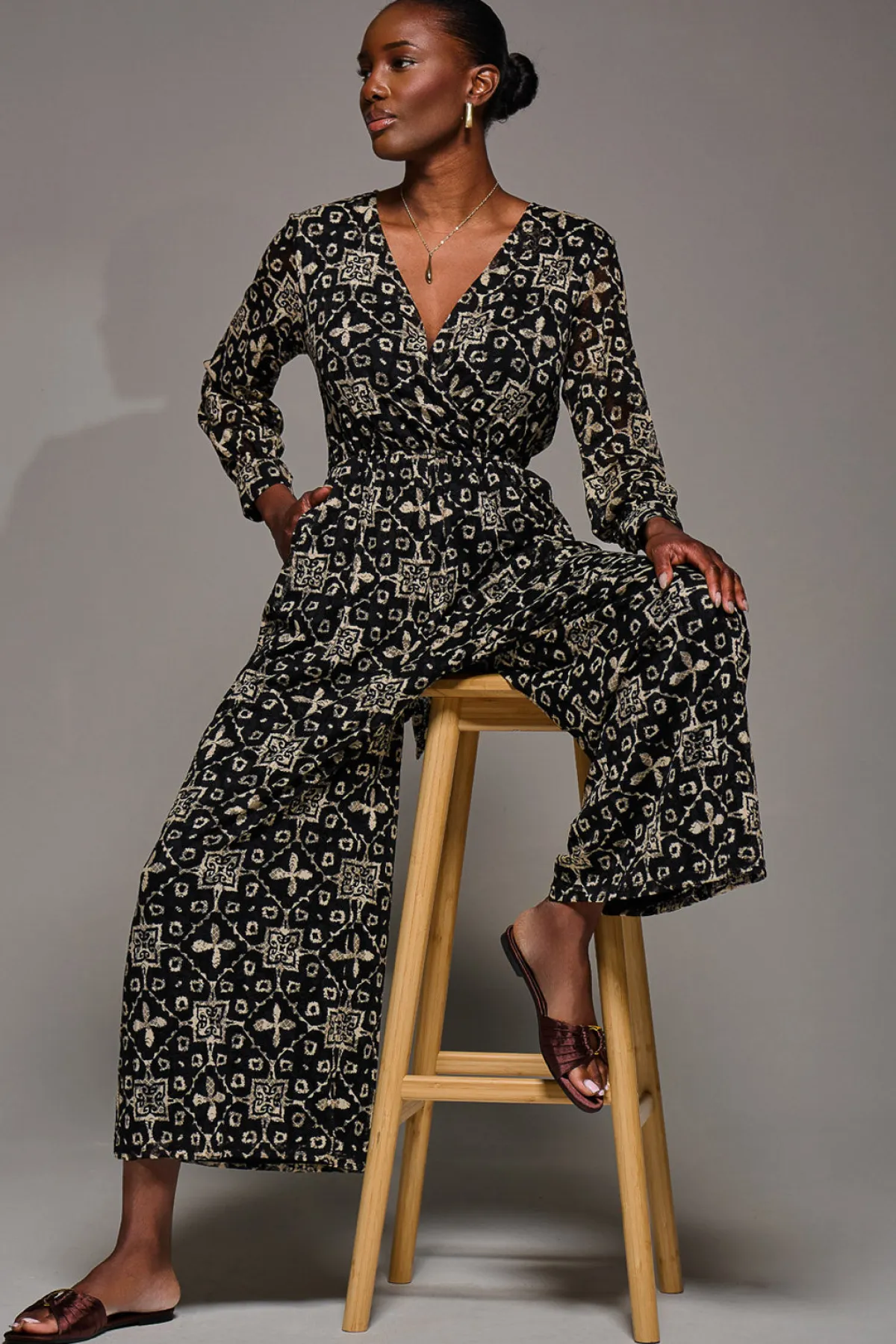 Jolie Moi Occasion Dresses|Party Dresses-Lace Wrap Tie Waist Long Sleeve Jumpsuit, Black Pattern