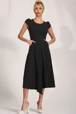 Jolie Moi Occasion Dresses|Jersey Dresses-Lap Over Short Sleeve Jersey Dress, Black Spot