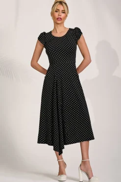 Jolie Moi Occasion Dresses|Jersey Dresses-Lap Over Short Sleeve Jersey Dress, Black Spot