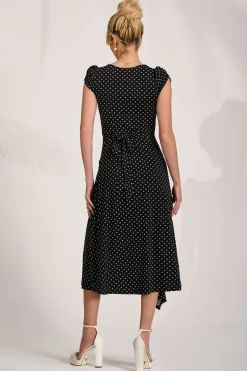 Jolie Moi Occasion Dresses|Jersey Dresses-Lap Over Short Sleeve Jersey Dress, Black Spot