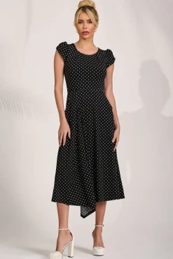 Jolie Moi Occasion Dresses|Jersey Dresses-Lap Over Short Sleeve Jersey Dress, Black Spot