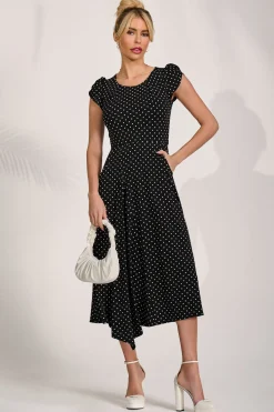 Jolie Moi Occasion Dresses|Jersey Dresses-Lap Over Short Sleeve Jersey Dress, Black Spot