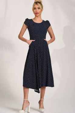 Jolie Moi Occasion Dresses|Jersey Dresses-Lap Over Short Sleeve Jersey Dress, Navy Spot
