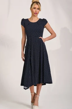 Jolie Moi Occasion Dresses|Jersey Dresses-Lap Over Short Sleeve Jersey Dress, Navy Spot