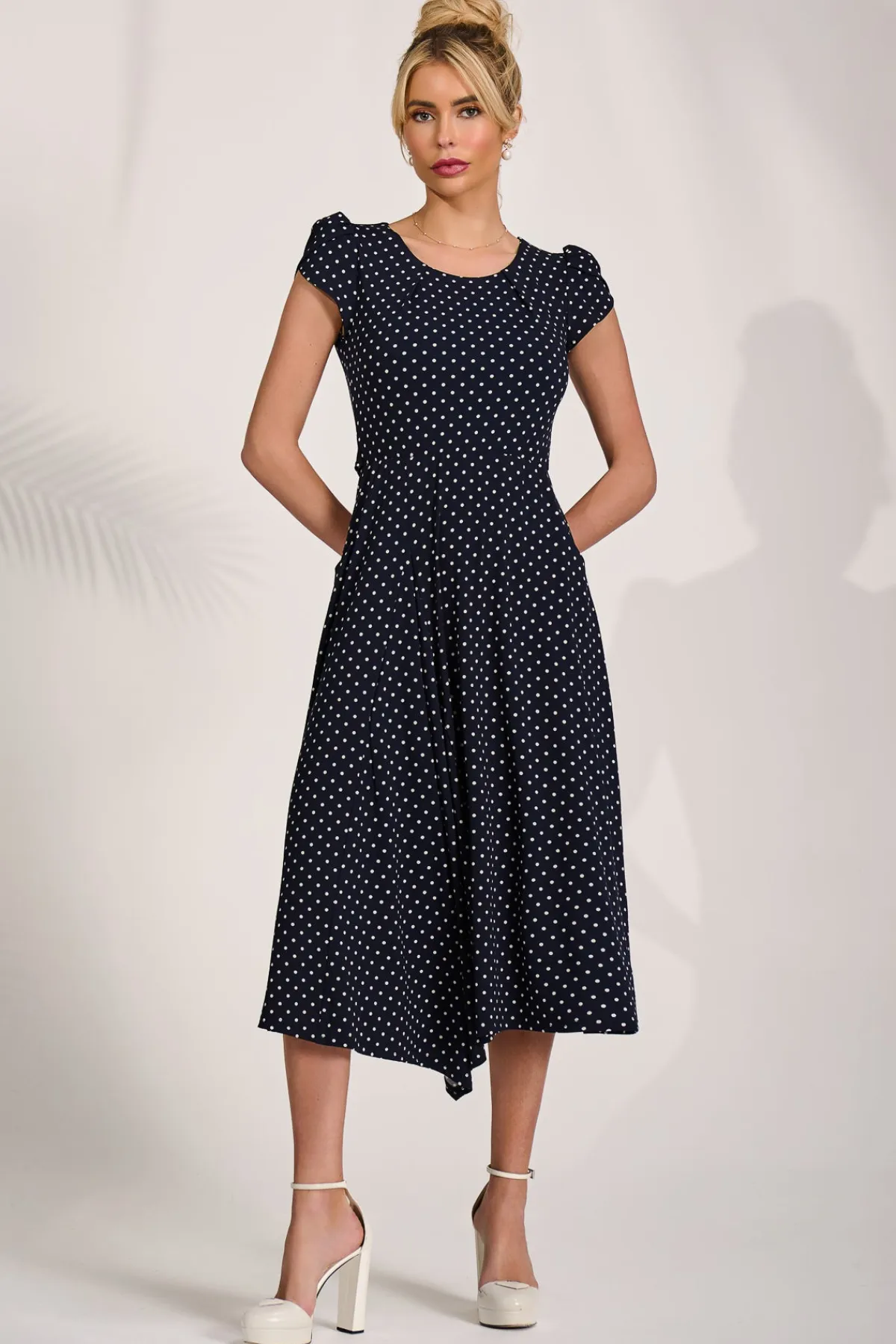 Jolie Moi Occasion Dresses|Jersey Dresses-Lap Over Short Sleeve Jersey Dress, Navy Spot