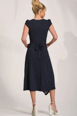 Jolie Moi Occasion Dresses|Jersey Dresses-Lap Over Short Sleeve Jersey Dress, Navy Spot