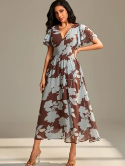 Jolie Moi Occasion Dresses|Floral Dresses-Layered Angel Sleeved Chiffon Maxi Dress, Brown Floral