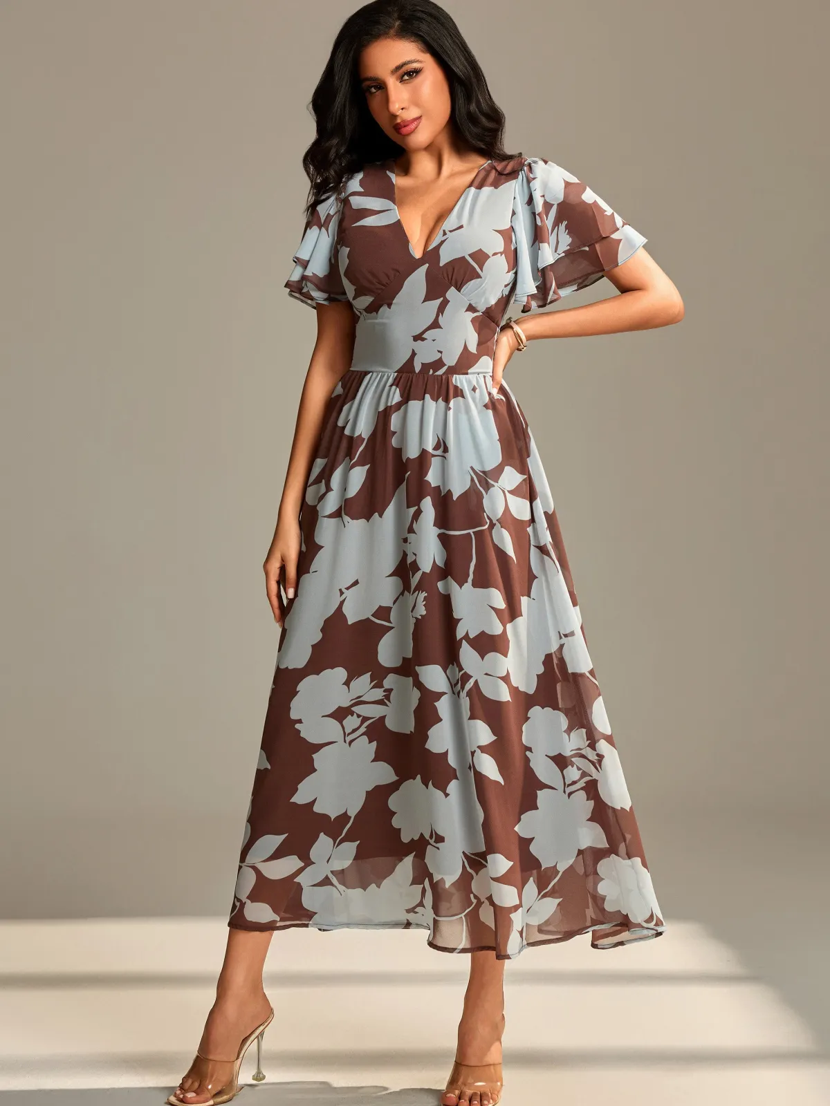 Jolie Moi Occasion Dresses|Floral Dresses-Layered Angel Sleeved Chiffon Maxi Dress, Brown Floral