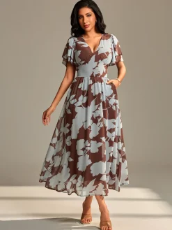 Jolie Moi Occasion Dresses|Floral Dresses-Layered Angel Sleeved Chiffon Maxi Dress, Brown Floral