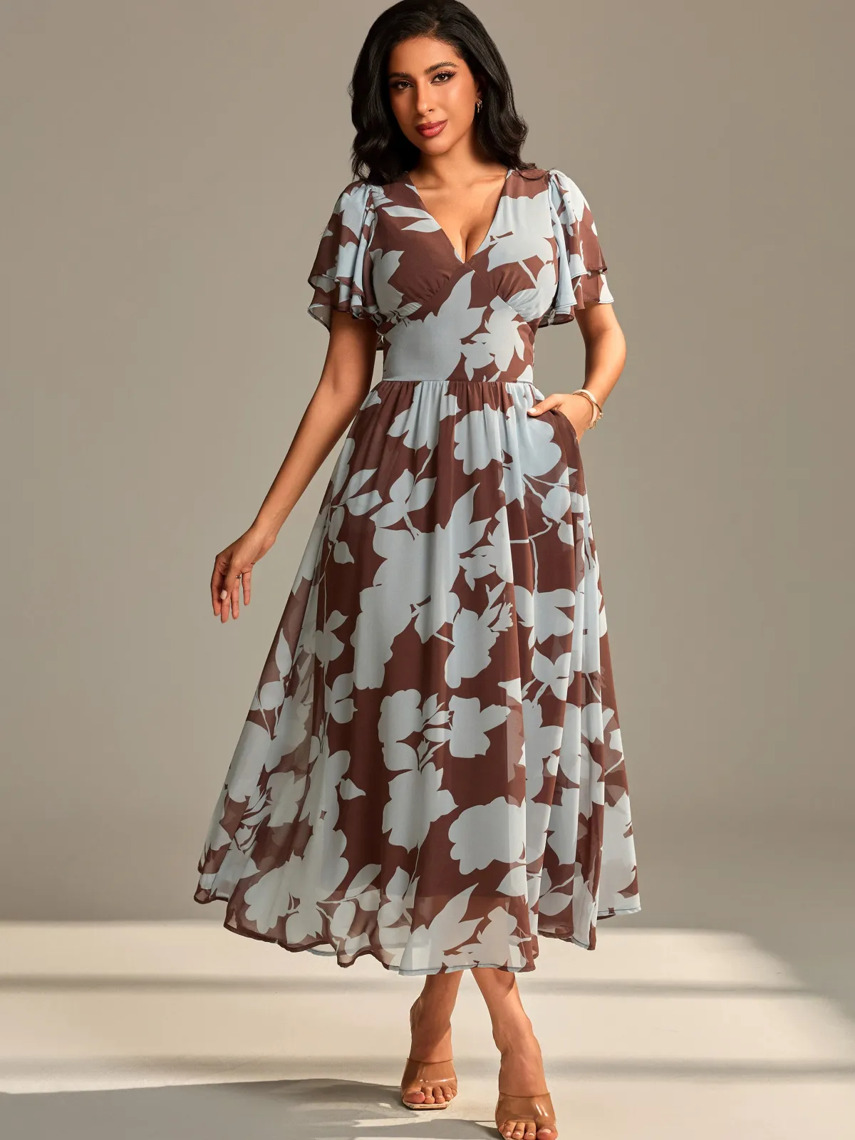 Jolie Moi Occasion Dresses|Floral Dresses-Layered Angel Sleeved Chiffon Maxi Dress, Brown Floral