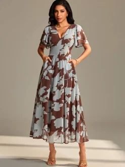 Jolie Moi Occasion Dresses|Floral Dresses-Layered Angel Sleeved Chiffon Maxi Dress, Brown Floral