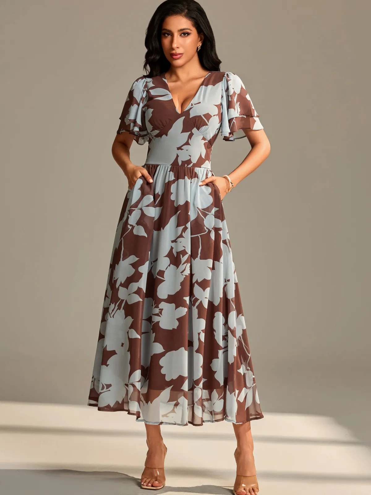 Jolie Moi Occasion Dresses|Floral Dresses-Layered Angel Sleeved Chiffon Maxi Dress, Brown Floral