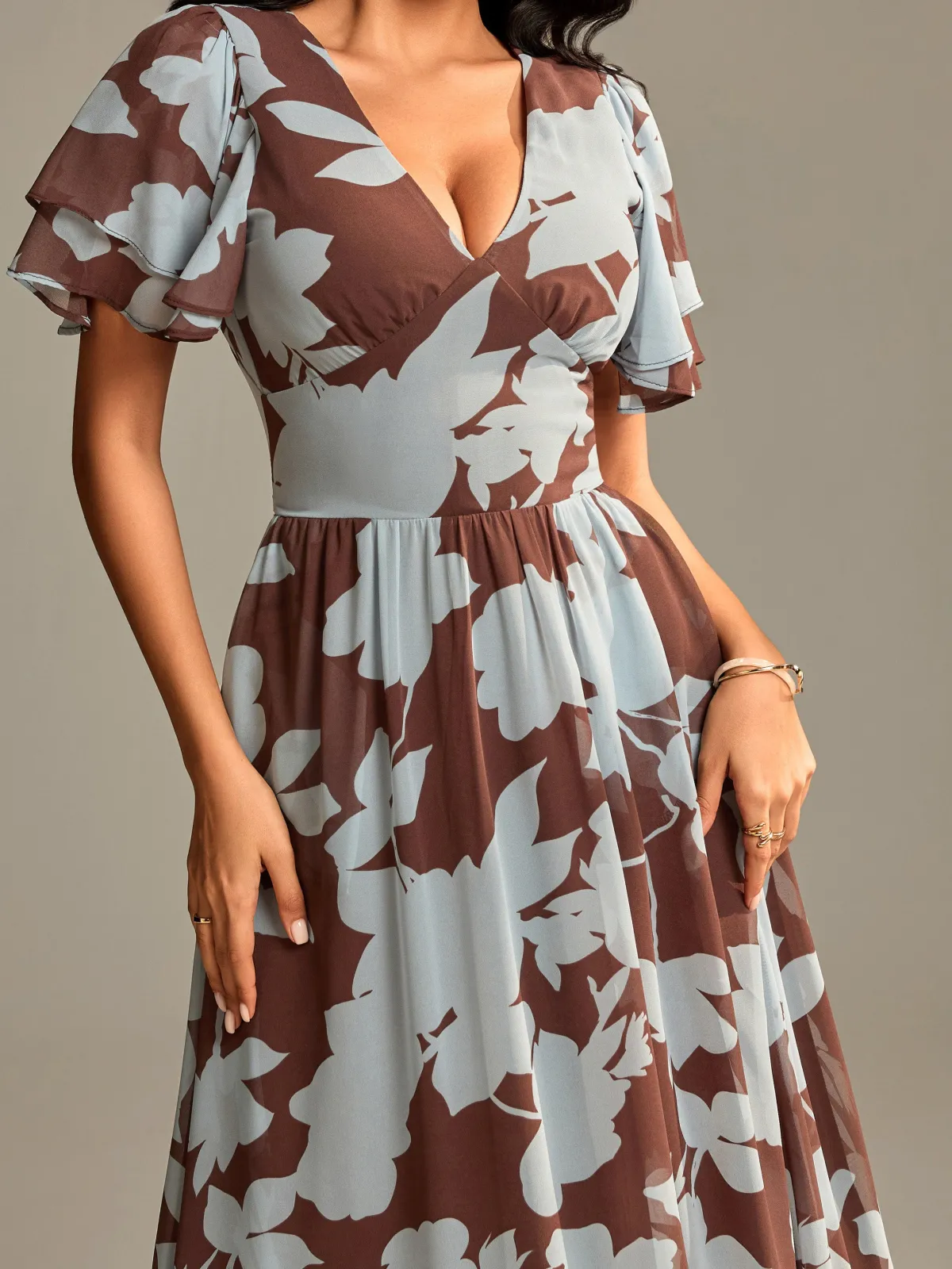 Jolie Moi Occasion Dresses|Floral Dresses-Layered Angel Sleeved Chiffon Maxi Dress, Brown Floral