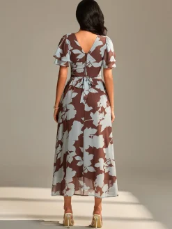 Jolie Moi Occasion Dresses|Floral Dresses-Layered Angel Sleeved Chiffon Maxi Dress, Brown Floral