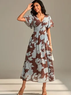 Jolie Moi Occasion Dresses|Floral Dresses-Layered Angel Sleeved Chiffon Maxi Dress, Brown Floral