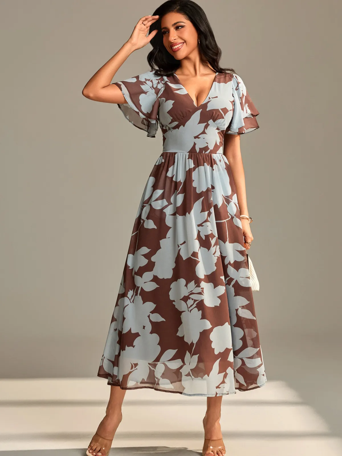 Jolie Moi Occasion Dresses|Floral Dresses-Layered Angel Sleeved Chiffon Maxi Dress, Brown Floral