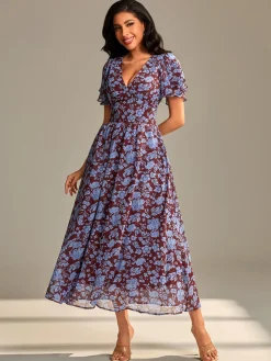 Jolie Moi Occasion Dresses|Floral Dresses-Layered Angel Sleeved Chiffon Maxi Dress, Burgundy Floral