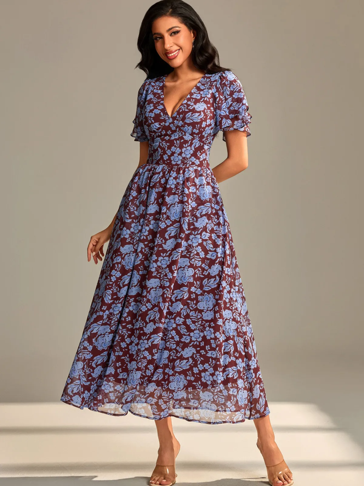 Jolie Moi Occasion Dresses|Floral Dresses-Layered Angel Sleeved Chiffon Maxi Dress, Burgundy Floral