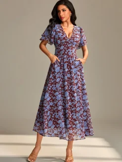 Jolie Moi Occasion Dresses|Floral Dresses-Layered Angel Sleeved Chiffon Maxi Dress, Burgundy Floral