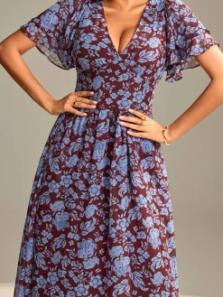 Jolie Moi Occasion Dresses|Floral Dresses-Layered Angel Sleeved Chiffon Maxi Dress, Burgundy Floral