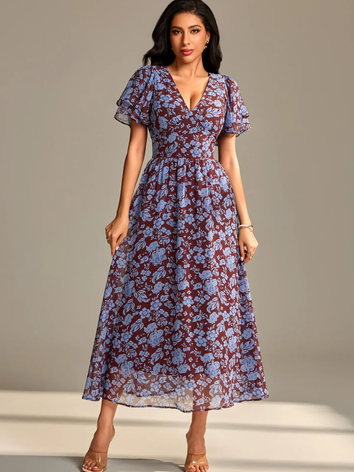 Jolie Moi Occasion Dresses|Floral Dresses-Layered Angel Sleeved Chiffon Maxi Dress, Burgundy Floral