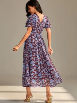 Jolie Moi Occasion Dresses|Floral Dresses-Layered Angel Sleeved Chiffon Maxi Dress, Burgundy Floral