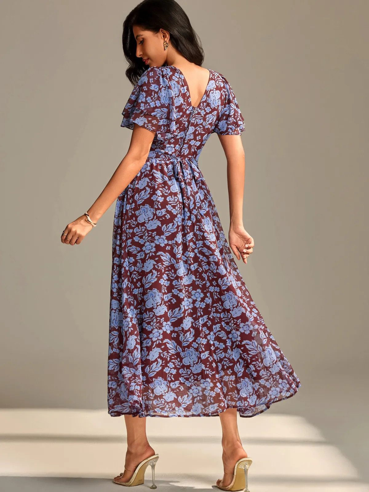 Jolie Moi Occasion Dresses|Floral Dresses-Layered Angel Sleeved Chiffon Maxi Dress, Burgundy Floral