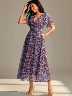 Jolie Moi Occasion Dresses|Floral Dresses-Layered Angel Sleeved Chiffon Maxi Dress, Burgundy Floral