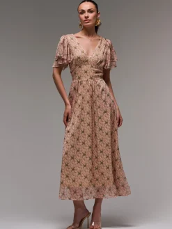 Jolie Moi Occasion Dresses|Floral Dresses-Layered Angel Sleeved Chiffon Maxi Dress, Green Floral