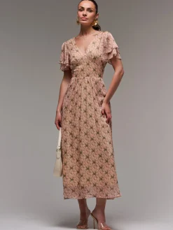 Jolie Moi Occasion Dresses|Floral Dresses-Layered Angel Sleeved Chiffon Maxi Dress, Green Floral