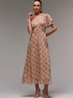 Jolie Moi Occasion Dresses|Floral Dresses-Layered Angel Sleeved Chiffon Maxi Dress, Green Floral
