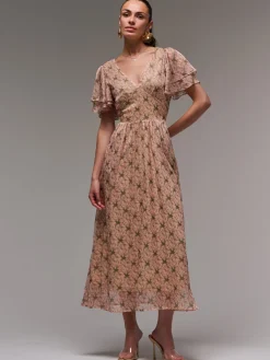 Jolie Moi Occasion Dresses|Floral Dresses-Layered Angel Sleeved Chiffon Maxi Dress, Green Floral