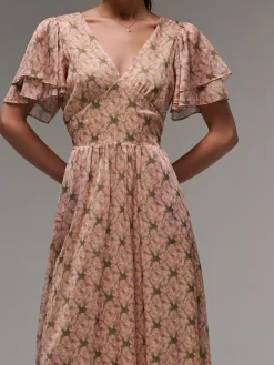 Jolie Moi Occasion Dresses|Floral Dresses-Layered Angel Sleeved Chiffon Maxi Dress, Green Floral