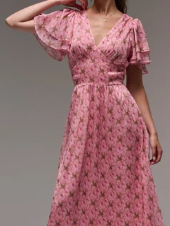 Jolie Moi Occasion Dresses|Floral Dresses-Layered Angel Sleeved Chiffon Maxi Dress, Pink Floral
