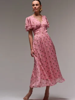 Jolie Moi Occasion Dresses|Floral Dresses-Layered Angel Sleeved Chiffon Maxi Dress, Pink Floral