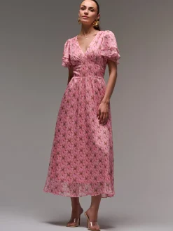 Jolie Moi Occasion Dresses|Floral Dresses-Layered Angel Sleeved Chiffon Maxi Dress, Pink Floral