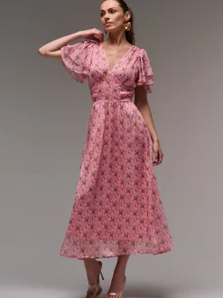 Jolie Moi Occasion Dresses|Floral Dresses-Layered Angel Sleeved Chiffon Maxi Dress, Pink Floral