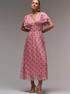 Jolie Moi Occasion Dresses|Floral Dresses-Layered Angel Sleeved Chiffon Maxi Dress, Pink Floral