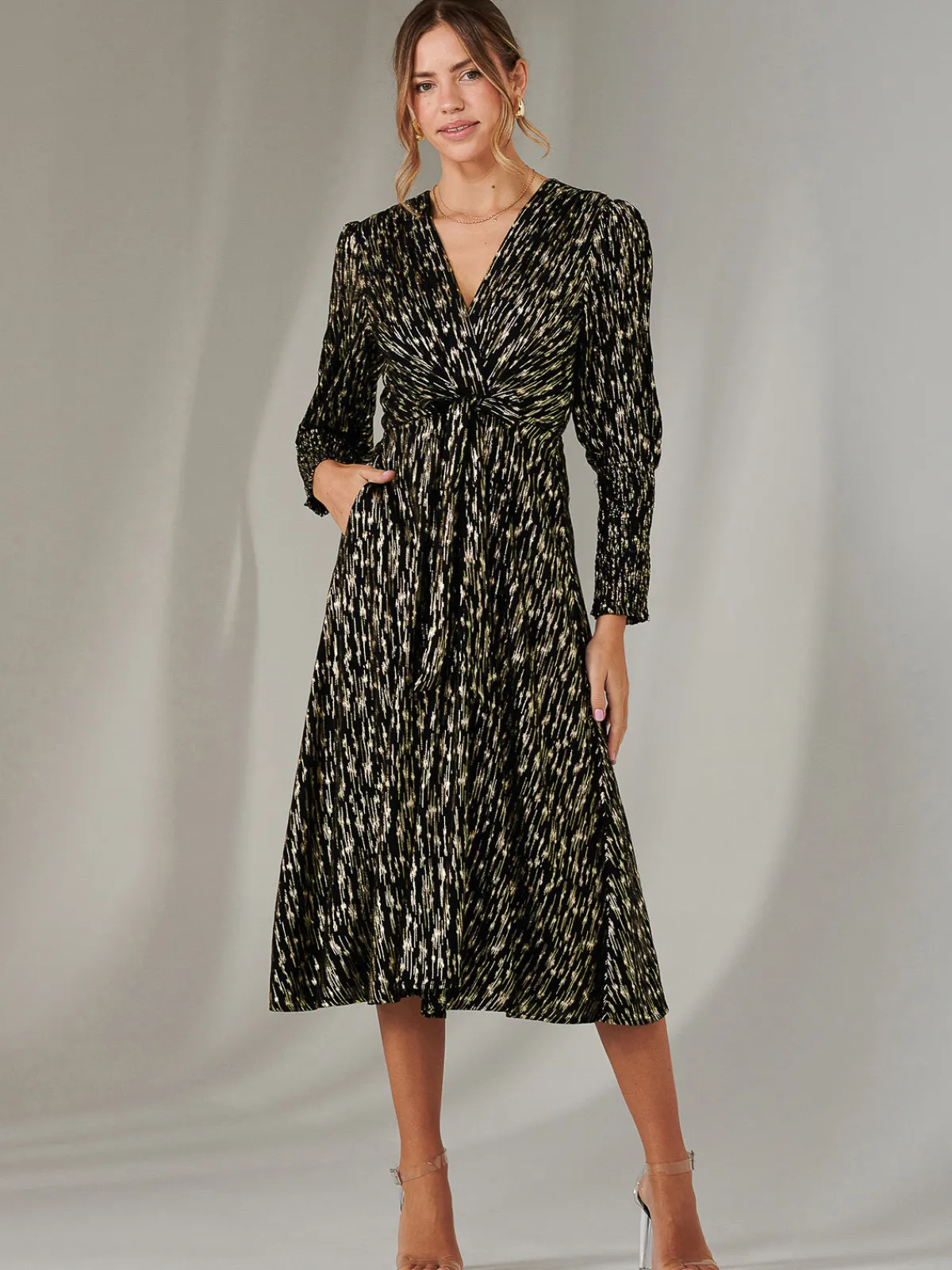 Jolie Moi Occasion Dresses|Party Dresses-Layla Long Sleeve Metallic Wrap Dress, Black/Gold