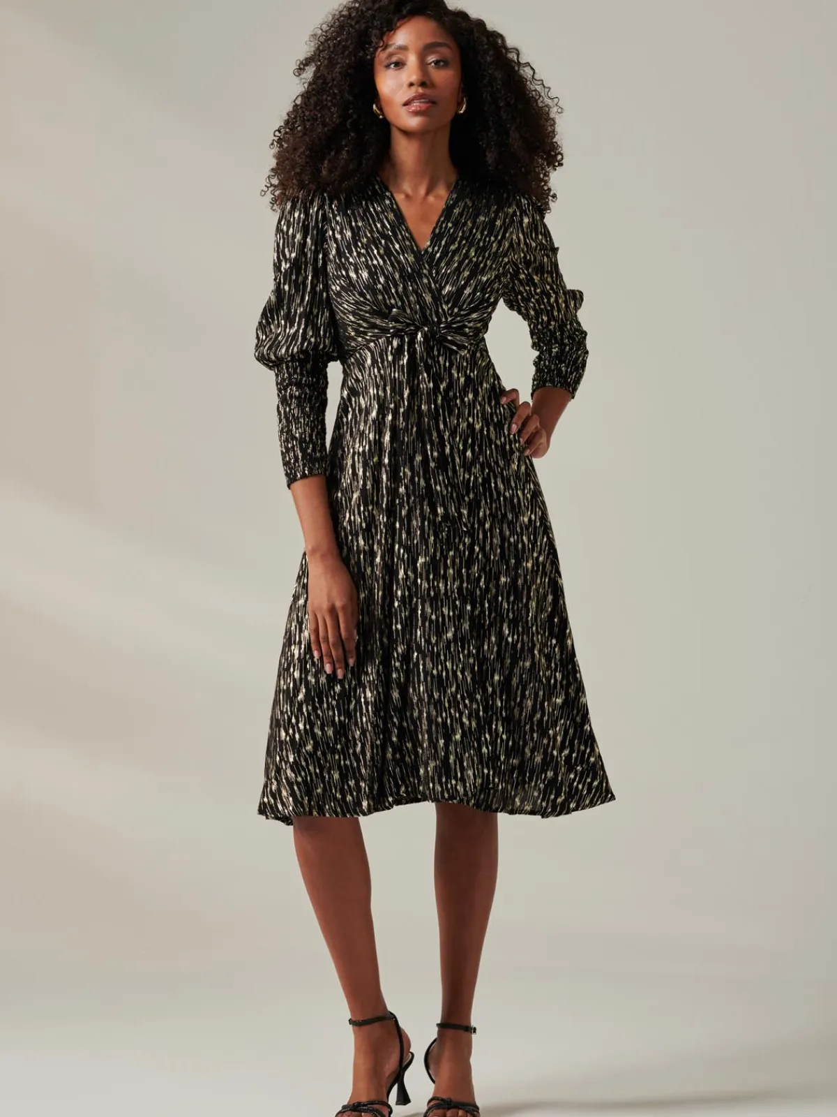 Jolie Moi Occasion Dresses|Party Dresses-Layla Long Sleeve Metallic Wrap Dress, Black/Gold