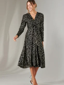 Jolie Moi Occasion Dresses|Party Dresses-Layla Long Sleeve Metallic Wrap Dress, Black/Gold
