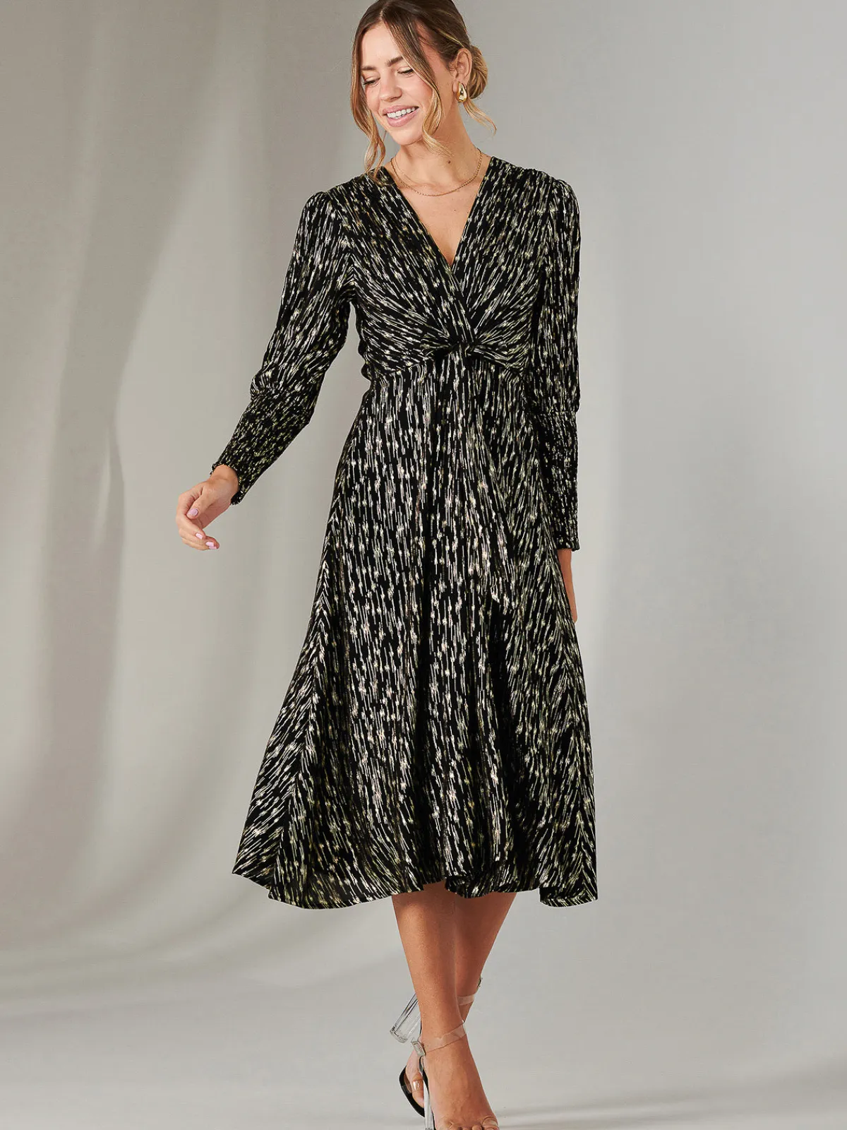 Jolie Moi Occasion Dresses|Party Dresses-Layla Long Sleeve Metallic Wrap Dress, Black/Gold