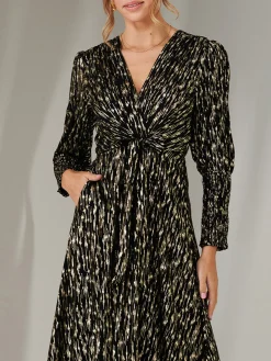 Jolie Moi Occasion Dresses|Party Dresses-Layla Long Sleeve Metallic Wrap Dress, Black/Gold