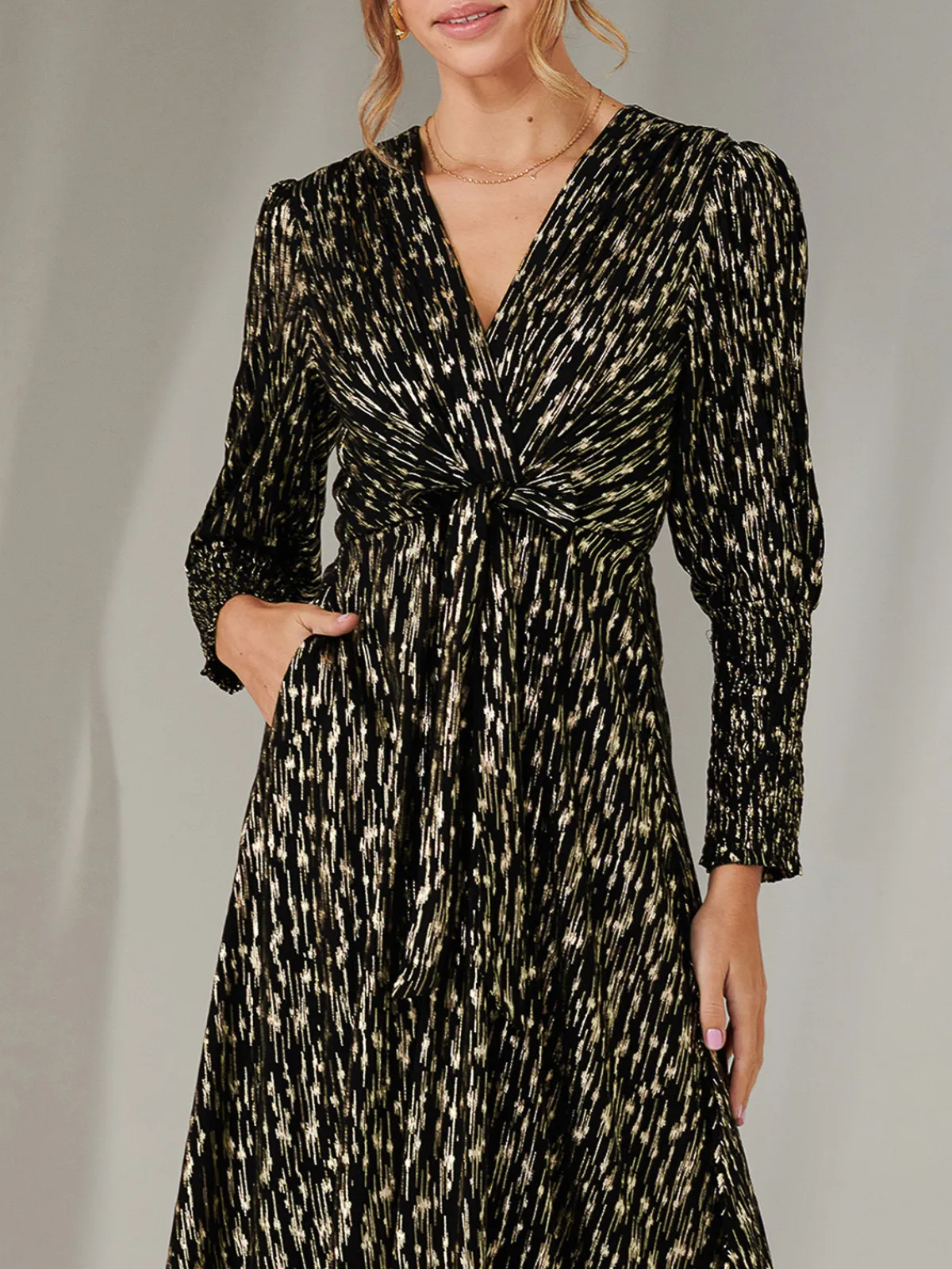 Jolie Moi Occasion Dresses|Party Dresses-Layla Long Sleeve Metallic Wrap Dress, Black/Gold