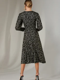 Jolie Moi Occasion Dresses|Party Dresses-Layla Long Sleeve Metallic Wrap Dress, Black/Gold