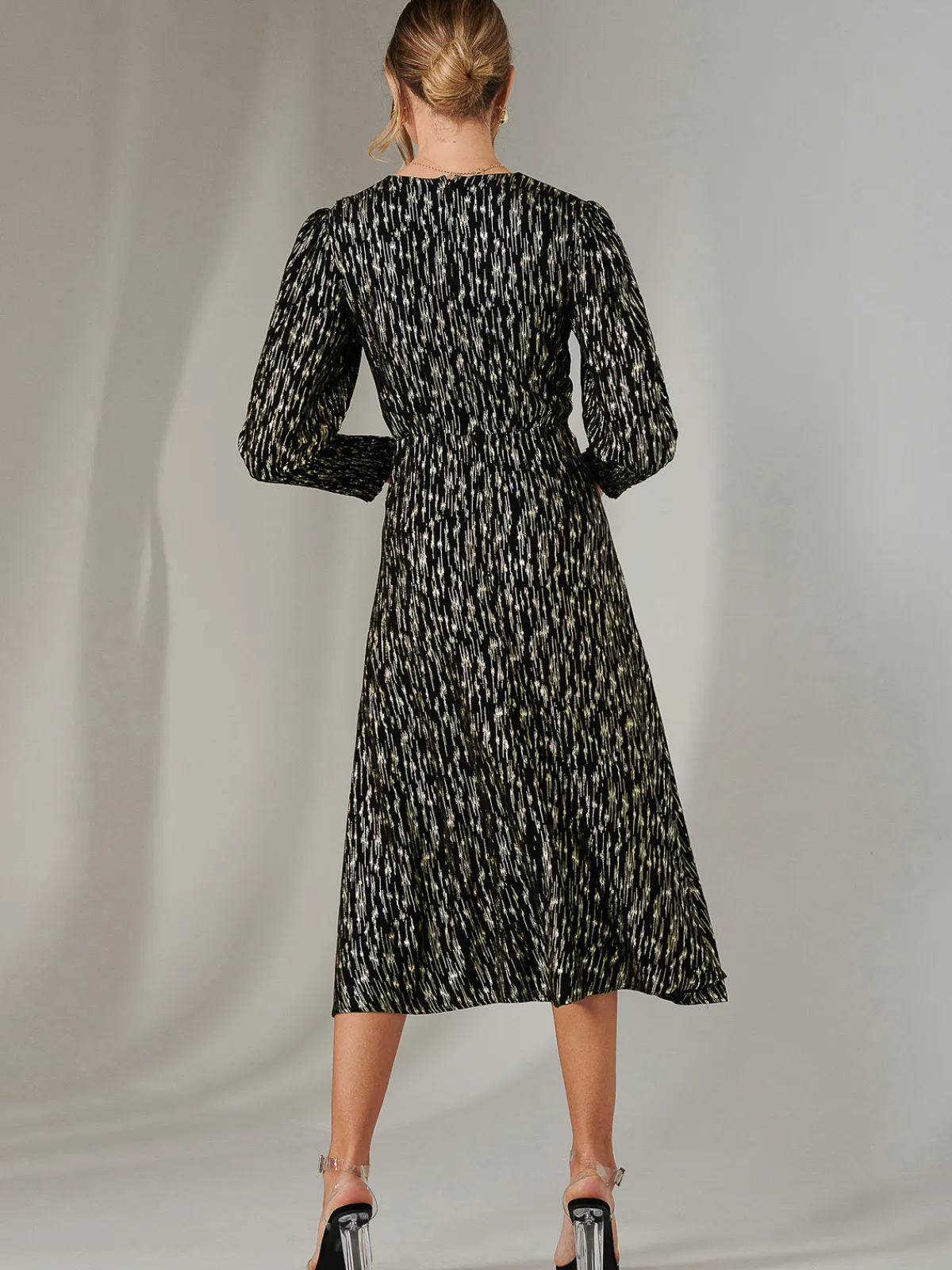 Jolie Moi Occasion Dresses|Party Dresses-Layla Long Sleeve Metallic Wrap Dress, Black/Gold