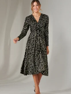 Jolie Moi Occasion Dresses|Party Dresses-Layla Long Sleeve Metallic Wrap Dress, Black/Gold
