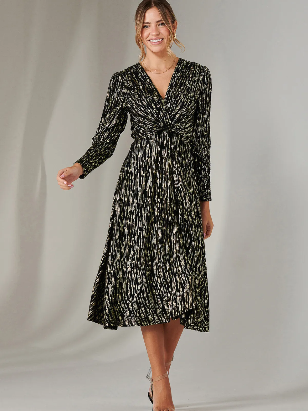 Jolie Moi Occasion Dresses|Party Dresses-Layla Long Sleeve Metallic Wrap Dress, Black/Gold